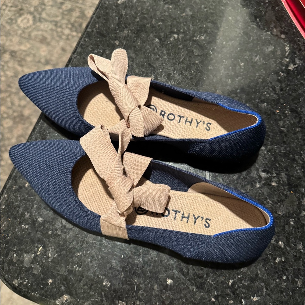 Rothy's Navy and Beige Bow Flats